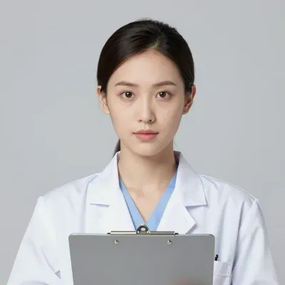 Young Woman in Lab Coat Gazing Directly - Portrait - AI generated image