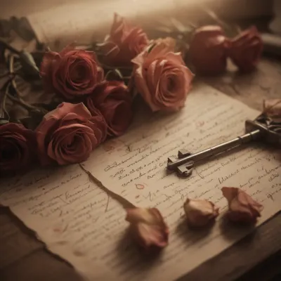 Handwritten Letters with Faded Roses and Key - Romance - AI generated image