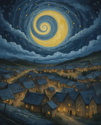 Village with Lantern Light and Swirling Sky - Architecture - AI generated image