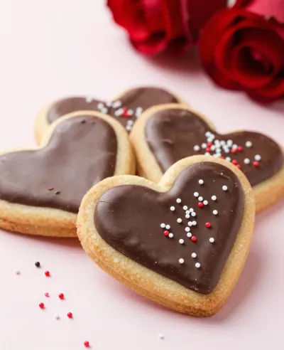 Chocolate-Glazed Heart Cookies with Sprinkles - Food - AI generated image