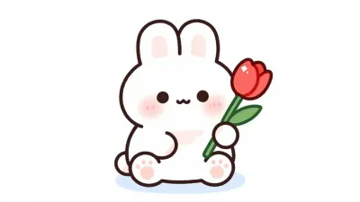 White Bunny Holding Red Tulip - Animals - AI generated image