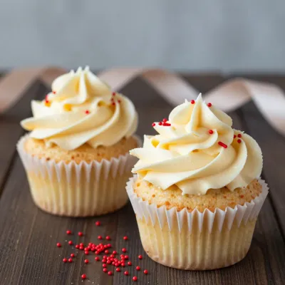 Vanilla Cupcakes with Buttercream Frosting and Red Sprinkles - Bakery - AI generated image