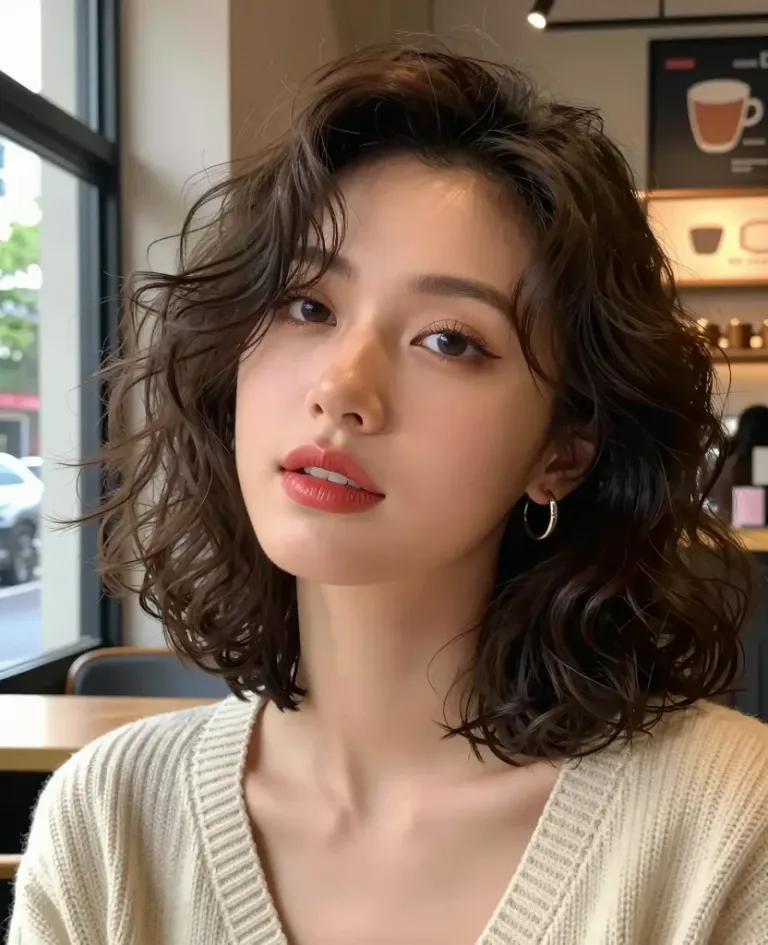 Wavy Haired Woman in Cream Sweater at Coffee Shop - People - AI generated image
