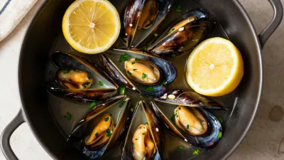 Garlic Butter Mussels with Lemon Slices - Food - AI generated image