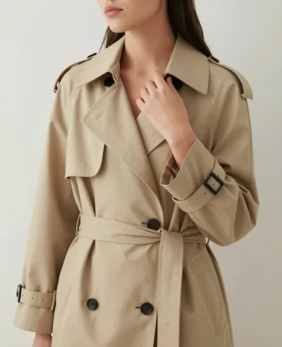 Beige Trench Coat Hand Adjusting Collar - Fashion - AI generated image