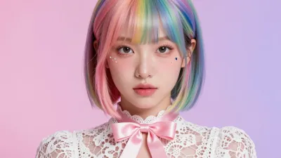 Rainbow-Haired Bob with White Lace Collar - Fashion - AI generated image