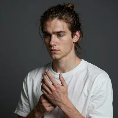 Wet-Haired Man Clasping Hands - Portrait - AI generated image