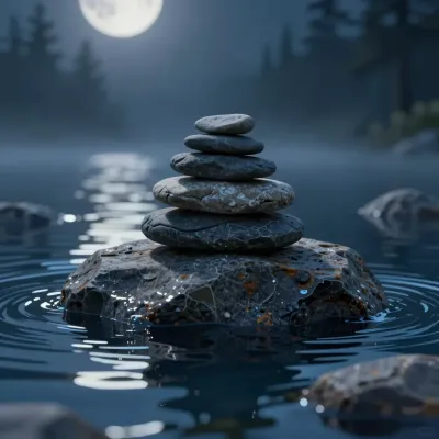 Stack of Stones Balanced on Rock Moonlit Night - Nature - AI generated image