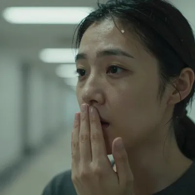 Anxious Woman Pressing Hand to Mouth in Hospital Hallway - Portrait - AI generated image