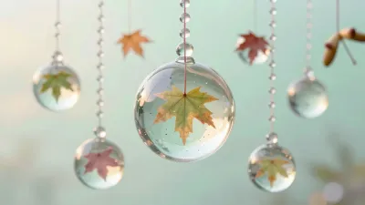 Crystal Spheres with Autumn Leaves Inside - Decor - AI generated image