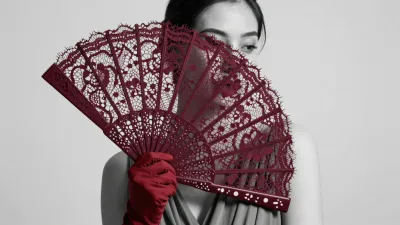 Burgundy Lace Fan Held by Woman - Fashion - AI generated image