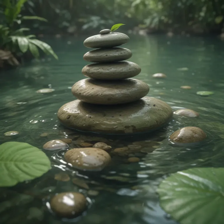 Stone Pyramid Balanced in Emerald Jungle Water - Nature - AI generated image