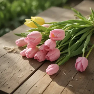 Pink Tulips Resting on Wooden Surface - Flowers - AI generated image
