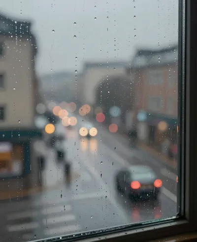 Raindrops on Glass with Blurred Cityscape - Weather - AI generated image