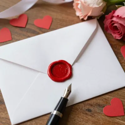 Love Letter with Red Wax Seal on Rustic Table - Love - AI generated image