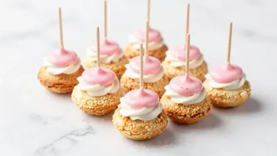Sesame Seed-Covered Treats with Pink Frosting - Food - AI generated image