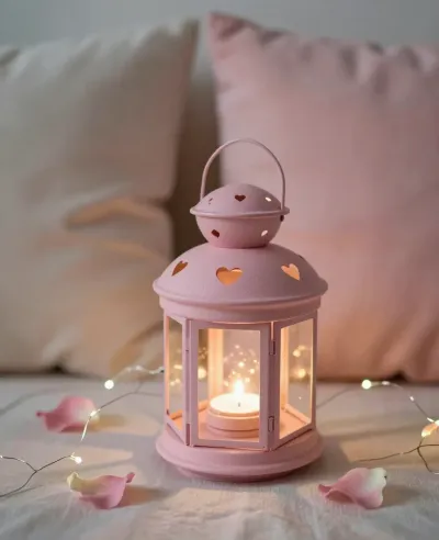 Pink Lantern with Heart Cutouts Glowing - Decor - AI generated image