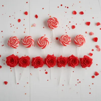 Red and White Swirled Lollipops with Sugar Roses - Food - AI generated image