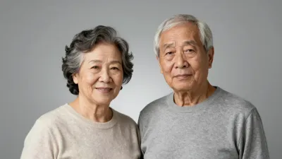 Elderly Couple Embracing in Soft Gray Sweaters - Portrait - AI generated image