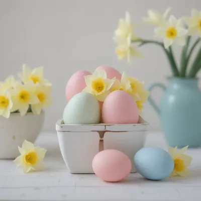 Pastel Eggs and Daffodils in Carton - Easter - AI generated image
