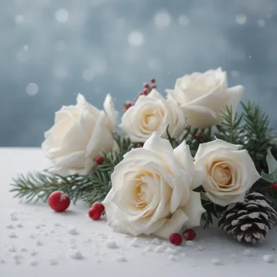 White Roses with Berries in Winter Frost - Flowers - AI generated image