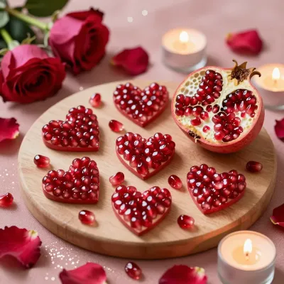 Heart-Shaped Pomegranate Slices on Wooden Board - Food - AI generated image