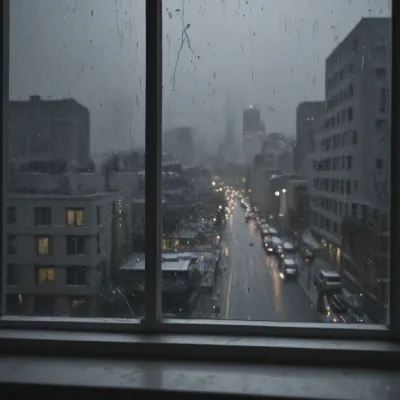 Raindrops on Window Reflecting Cityscape - Urban - AI generated image