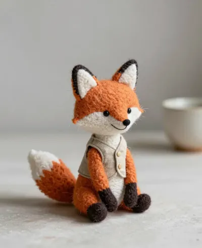Handcrafted Fox Sitting in Knitted Vest - Crafts - AI generated image