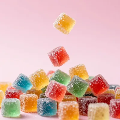 Sugared Gummy Cubes Falling into Pile - Food - AI generated image