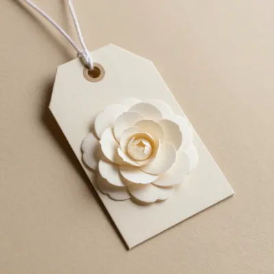 Cream Paper Camellia on Gift Tag - Flowers - AI generated image