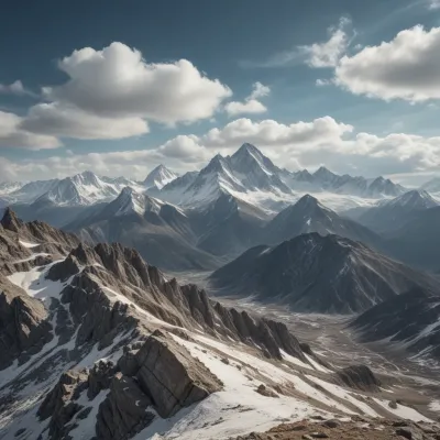 Snow-Capped Mountain Range with Rocky Ridges - Landscape - AI generated image