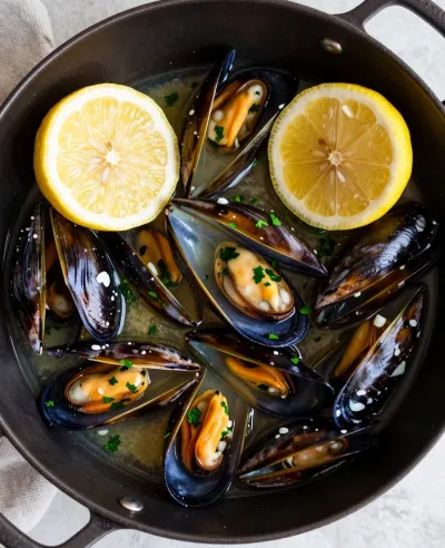 Garlic Butter Mussels in Pot with Lemon - Food - AI generated image
