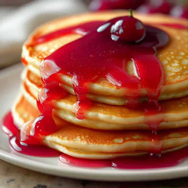 Cherry Sauce Pancake Stack with Golden Glow - Food - AI generated image