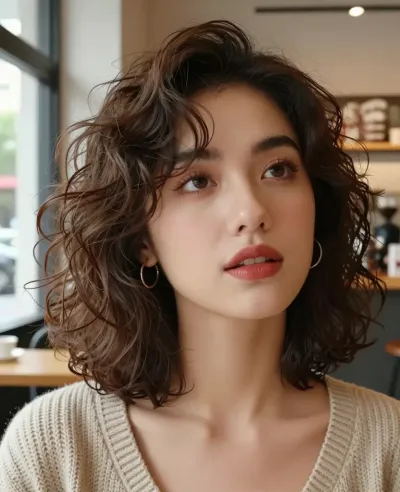 Woman with Tousled Hair in Coffee Shop - Portrait - AI generated image