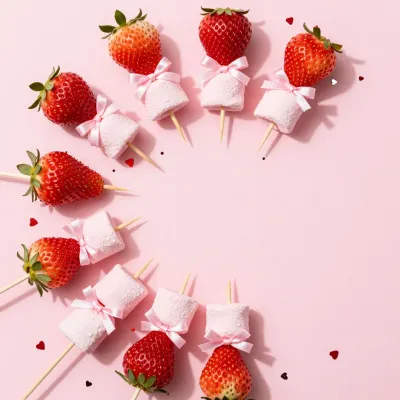 Strawberries and Marshmallows on Skewers Fan Arrangement - Food - AI generated image