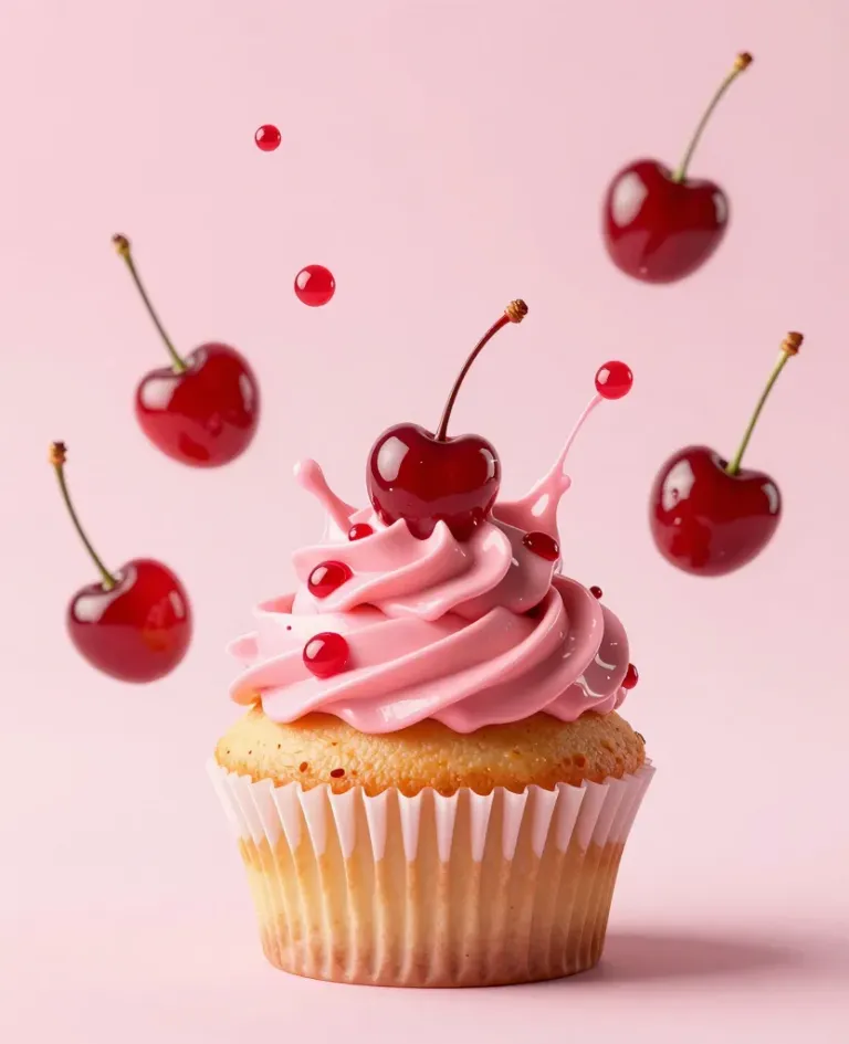 Cherry-Glazed Cupcake with Floating Cherries - Food - AI generated image