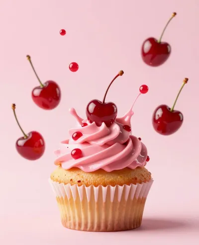 Cherry-Glazed Cupcake with Floating Cherries - Food - AI generated image