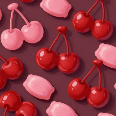 Glossy Cherries and Pink Candies on Dark Purple Background - Food - AI generated image