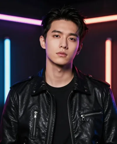 Young Man in Black Leather Jacket Neon Backdrop - People - AI generated image