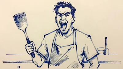 Angry Man with Spatula in Kitchen - People - AI generated image