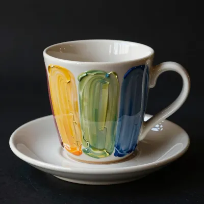 Glossy Ceramic Coffee Cup with Colorful Stripes - Ceramics - AI generated image