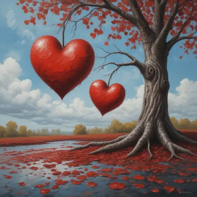 Red Hearts Hanging from Gnarled Tree in Serene Landscape - Nature - AI generated image