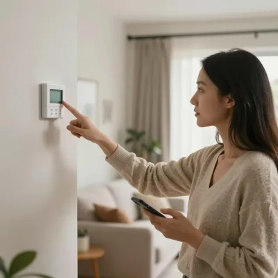 Woman Adjusting Thermostat in Minimalist Home - People - AI generated image