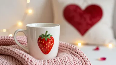Strawberry Mug Cozy in Pink Blanket - Food - AI generated image