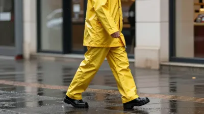 Person in Yellow Raincoat Walking on Wet Pavement - People - AI generated image