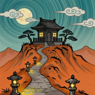 Lantern-Lit Pathway Leading to Traditional Japanese Shrine - Architecture - AI generated image