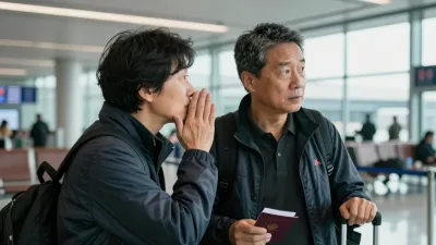 Younger Man Whispering to Older Man at Airport Gate - People - AI generated image