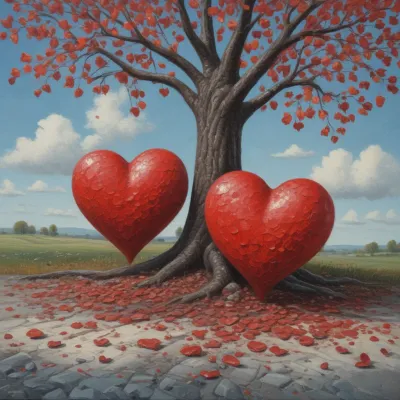Red Hearts Resting at Tree Base in Open Landscape - Nature - AI generated image