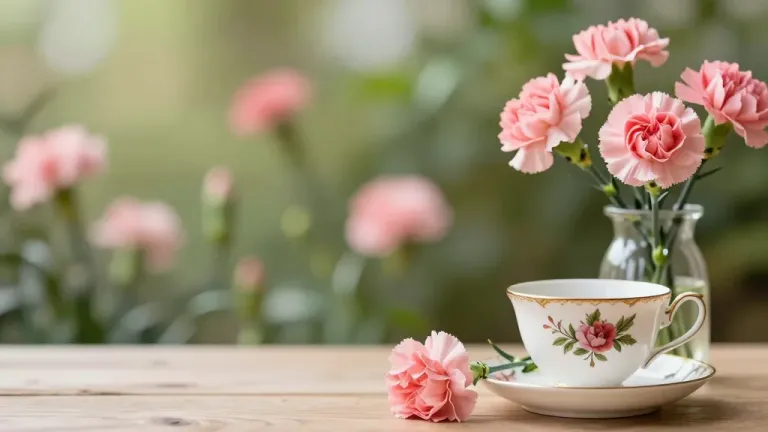 Pink Carnation and Vintage Teacup on Wooden Table - Flowers - AI generated image