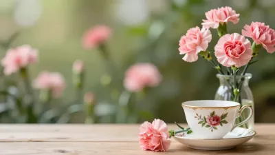 Pink Carnation and Vintage Teacup on Wooden Table - Flowers - AI generated image